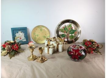 Poinsettia Decorative Group • Small Brass Candle Stick Holders  •   Decorative Dishes