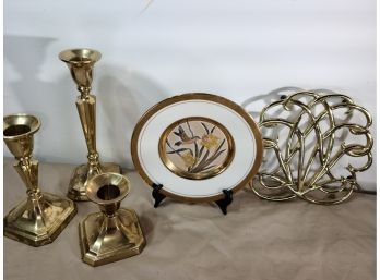 Brass Trio Candle Stick Holders • Brass Trimmed Decorative Dish And Hot Plate