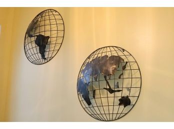 Pair Of 3D Metal World Globe Wall Art