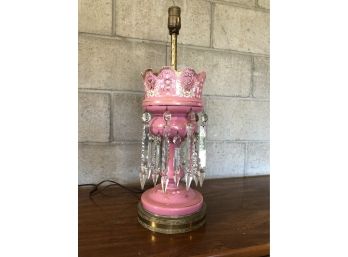 Antique Pink Lamp With Hanging Crystal Pieces (see Broken Piece)