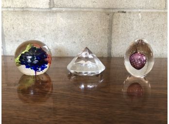 Group Of 3 Colorful Glass/crystal Paperweights