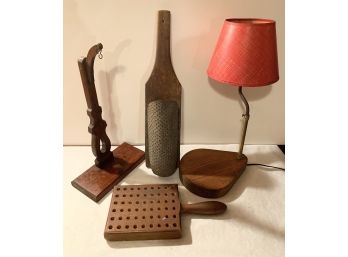 Vintage Table Lamp, Primitive Grater,  Solid Wood Paddle With Peg Holes & Wooden Rack