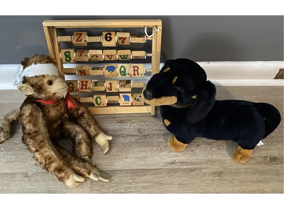 Vintage Toy Stuffed Monkey, FAO Schwarz Dog, Wood Alphabet Toy