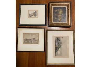 Vintage Three Framed Etching Prints And Framed Oil Painting Of Hippo