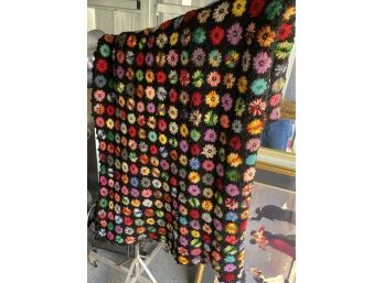 Vintage Hand Made Black With Colorful Flower Knit/ Crocheted Afghan