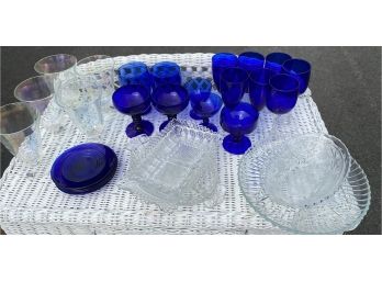 Vtg Lot Of Cobalt Glasses,Goblets And Clear Dishes And Serving Platters