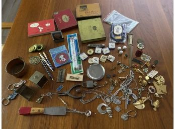 Vintage Junk Drawer Lot Of Tobacco Tins, Religious Crosses,Ladies Pins & More