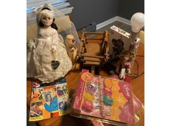 Vintage Doll Lot With Doll Lamp,Disney Toy Package, And Wood Cart