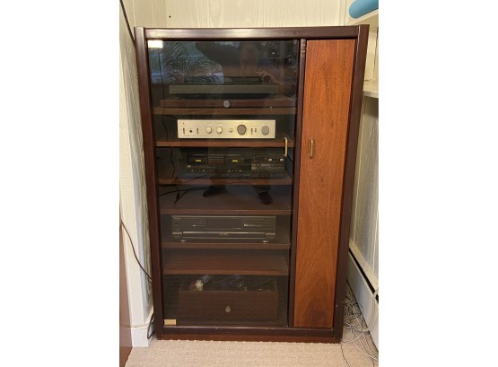Glass Door Six Shelf Stereo Cabinet With Slide Out Side Media Storage Drawer