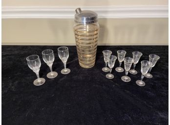 Vintage Martini Shaker And Small Cordial Glass Stemware