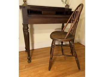 Antique Late 1800s Postal Desk With Center Stamp Drawer With Matching Spindle Back Chair