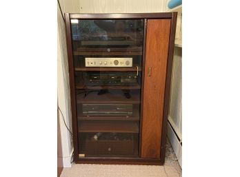 Glass Door Six Shelf Stereo Cabinet With Slide Out Side Media Storage Drawer