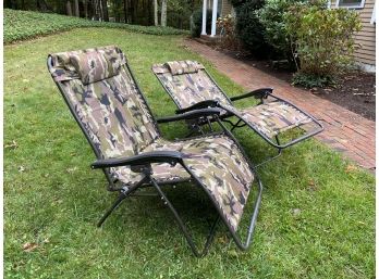 Two Camo Fabric Folding Outdoor Lounge Chairs