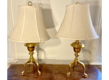 Pair Of Three Leg Brass Tone Table Lamps