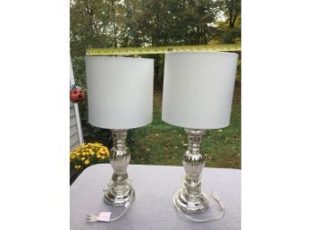 2 Lamps In A Silvery Crackled Finished With Crisp White Shades
