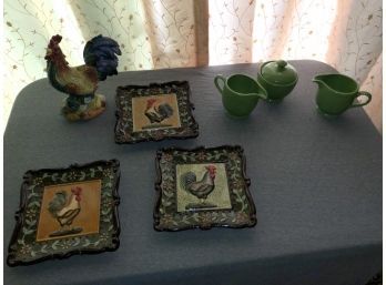 Colorful Rooster Plates With Wall Hangers, Creamer And Sugar, Rooster Candle Holder Lot