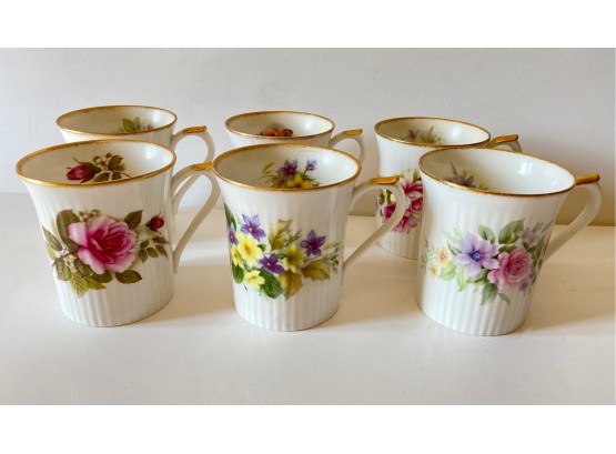 Vintage Royal Heritage English Bone China Floral Mugs With Gold Accents, 6 Pieces
