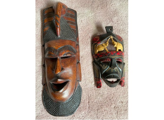 Two Carved African Wood Masks Bought On Trip To Kenya