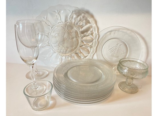 Glass Plates, Platters & Stemware, Some French, 13 Pieces