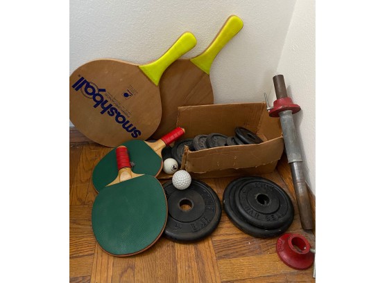 Vintage York Dumbell Weight Set, Table Tennis Paddles & Other Sports Equipment