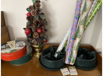 Two Christmas Tree Stands, Pinecone Tree & Wrapping Paper