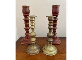 Two Sets Candlesticks, Wood And Metal