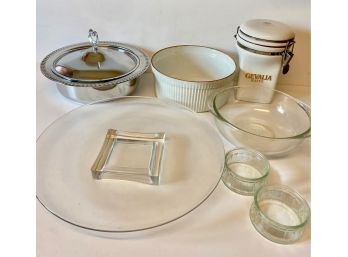 Vintage 1980s Large Glass Platter, Bowls, Canister & Ramekins, 7 Pieces