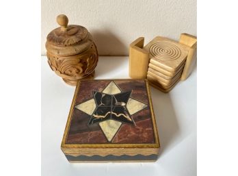 Carved Wood Canister, Vietri Jewelry Box & Coaster Set