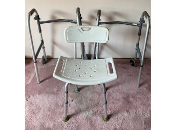 Two Invacare Walkers & Healthline Shower Chair