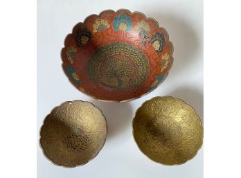 Carved Brass Decorative Bowls With Peacocks Made In India