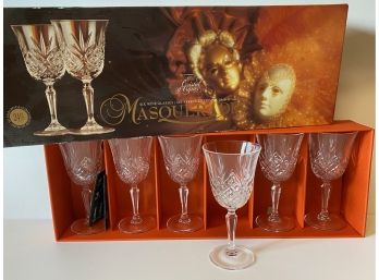 New In Box Masquerade Cut Crystal Stemware Wine Glasses, 6 Pieces