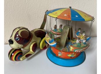Vintage Tin Toys, Carousel & Dog, Carousel Still Spins