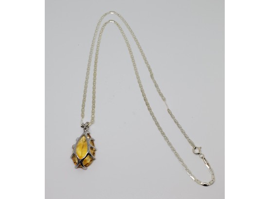 Beautiful Pear Shaped Citrine, Rhodium Over Sterling Pendant & Sterling Chain