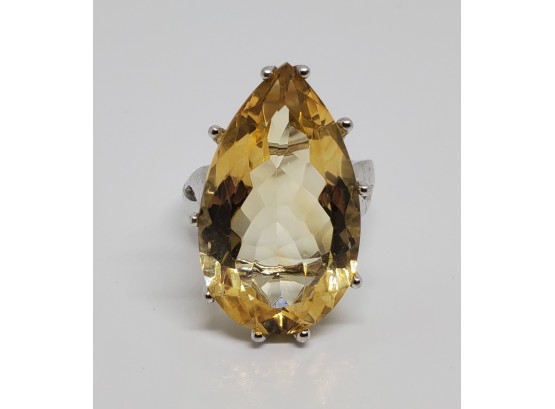 Pear Shaped Citrine Ring In Rhodium Over Sterling