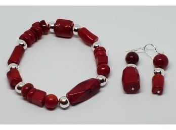 Pretty Coral & Sterling Stretch Bracelet With Matching Earrings