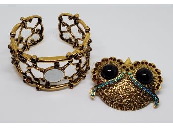 Gold Tone Owl Broach/Bracelet With Multiple Color Crystals