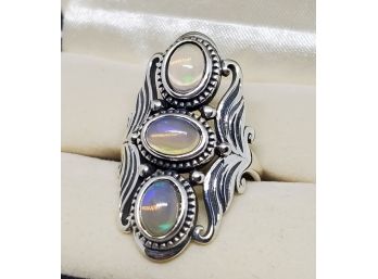 Ethiopian Opal 3 Stone Ring In Sterling Silver
