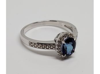 Stunning Oval Blue Danburite Ring, White Zircon Rhodium Over Sterling