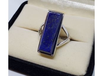 Lapis Lazuli Rectangular Ring In Rhodium Over Sterling