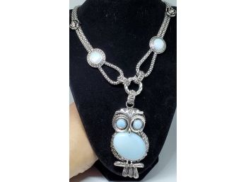 Silver Tone & Opalite Owl Necklace