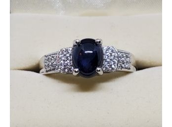 Thai Blue Star Sapphire, White Zircon Ring In Platinum Over Sterling
