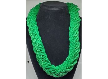 Green Seed Beads Braided Necklace In Gold Tone