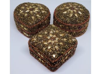 Set Of 3 Handcrafted Beaded Dazzling Trinket Jewelry Boxes
