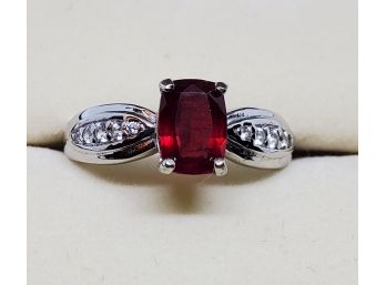 Nissan Ruby, White Zircon Ring In Platinum Over Sterling
