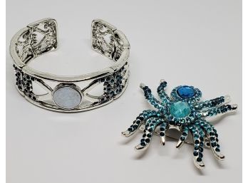 Awesome Spider Broach/Bracelet In Turquoise Crystals & Silver Tone