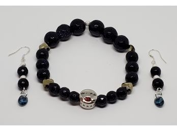 Blue Goldstone Stretch Bracelet & Matching Earrings With Swarovski Crystals & Sterling