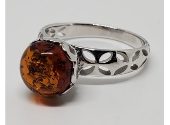 Orange Amber, Rhodium Over Sterling Ring