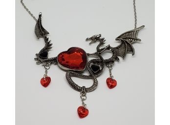 Cool Dragon Necklace In Silver Tone & Red Stones