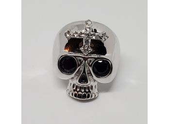 Black Spinel, White Zircon Skull & Cross Ring In Platinum Over Sterling