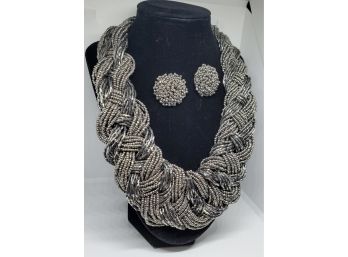 Platinum Color Seed Bead Choker Necklace With Matching Earrings